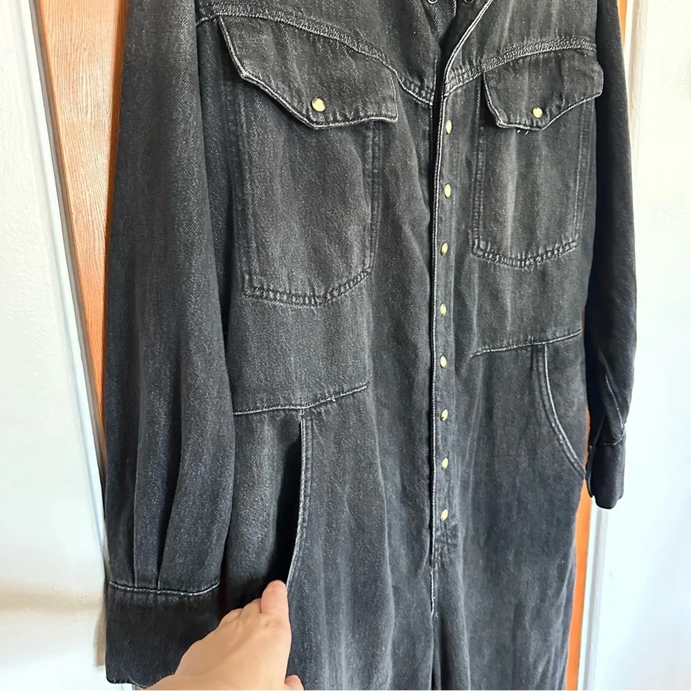 free people townes black denim long sleeve button up jumpsuit coveralls